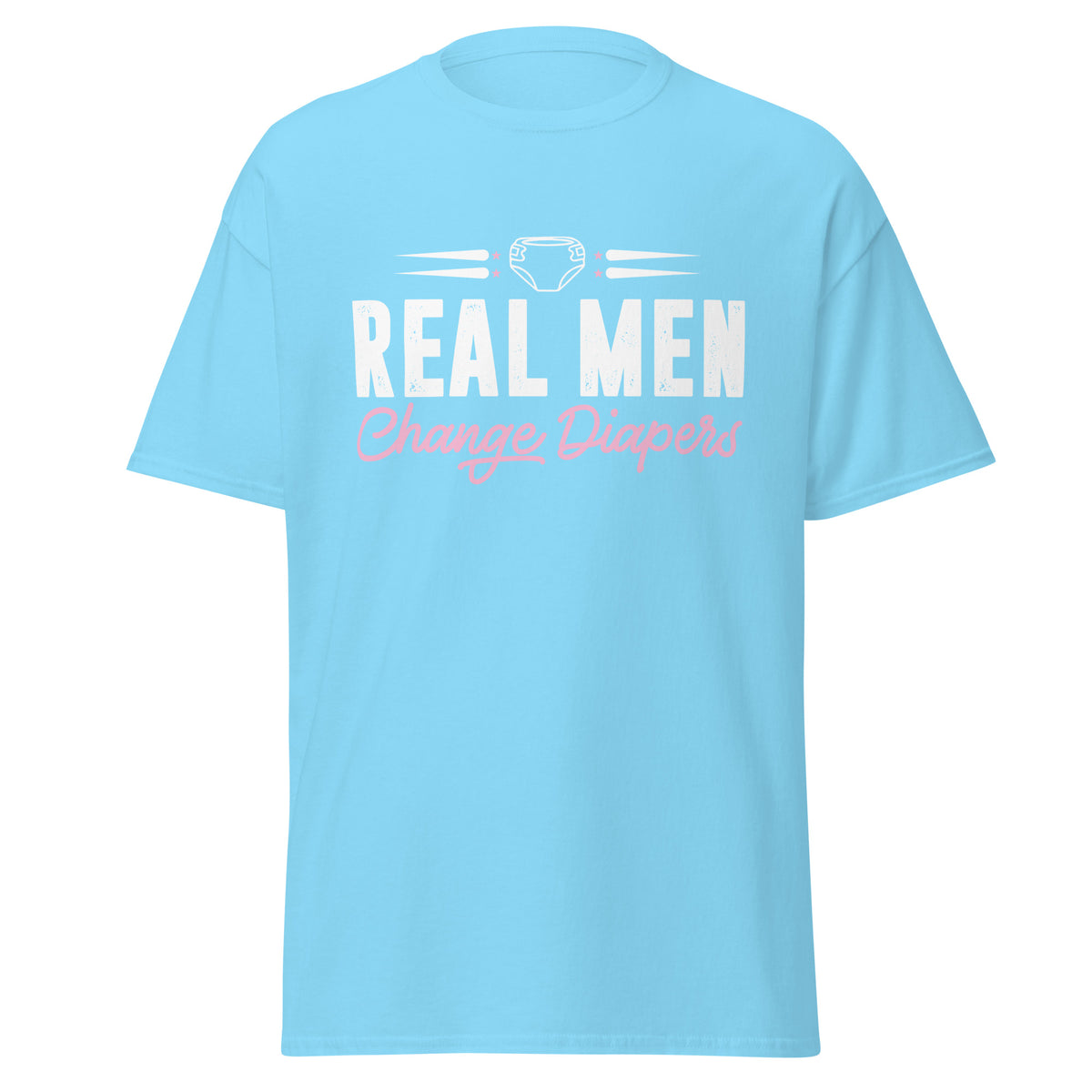 Celebrate fatherhood with our exclusive Father's Day sky blue  t-shirt! Crafted from 100% premium cotton, showcasing a bold statement: "Real Men Change Diapers." A declaration of modern fatherhood proudly proclaiming that changing diapers is not just a mom's job—it's a real man's duty!