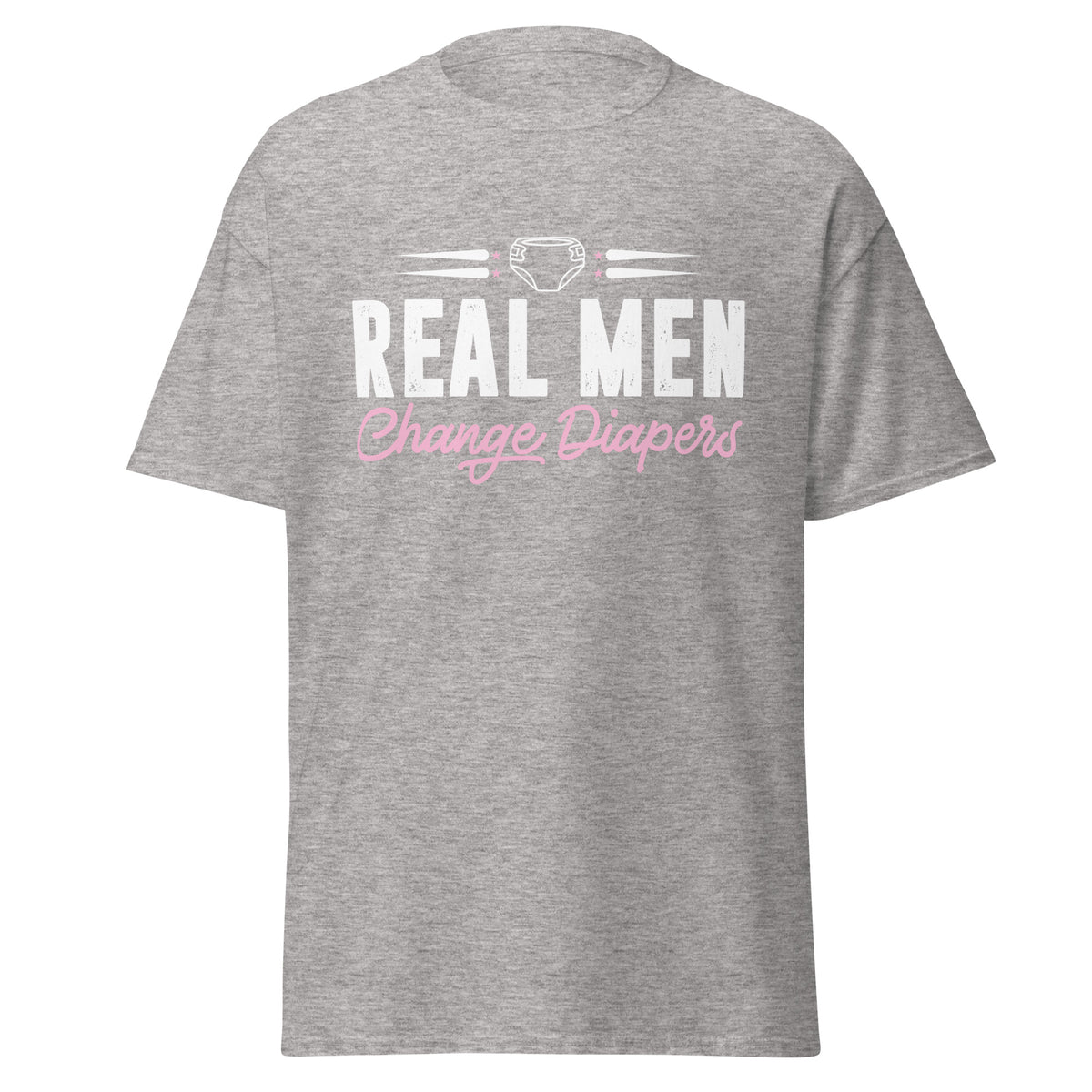 Celebrate fatherhood with our exclusive Father's Day grey t-shirt! Crafted from 100% premium cotton, showcasing a bold statement: "Real Men Change Diapers." A declaration of modern fatherhood proudly proclaiming that changing diapers is not just a mom's job—it's a real man's duty!