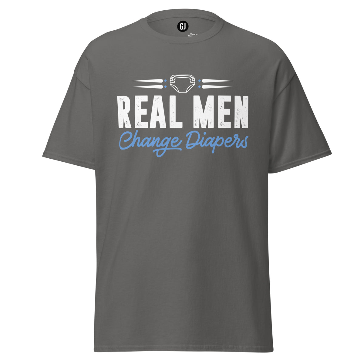 Charcoal unisex T-shirt with Real Men Change Diapers fatherhood graphic design