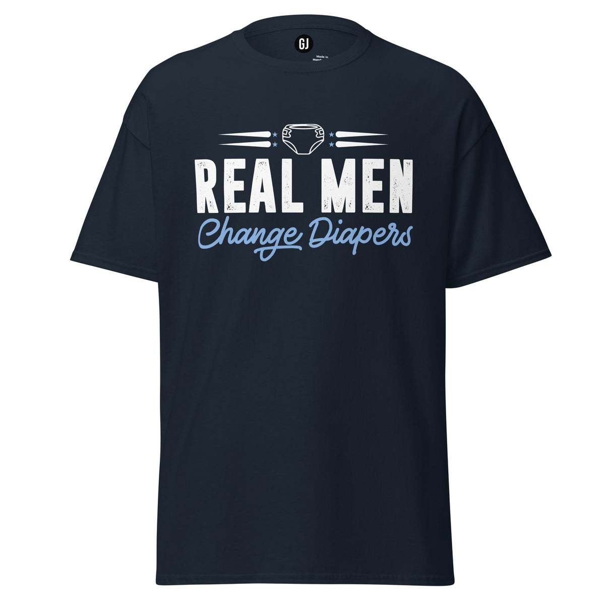 Navy unisex T-shirt with Real Men Change Diapers fatherhood graphic design