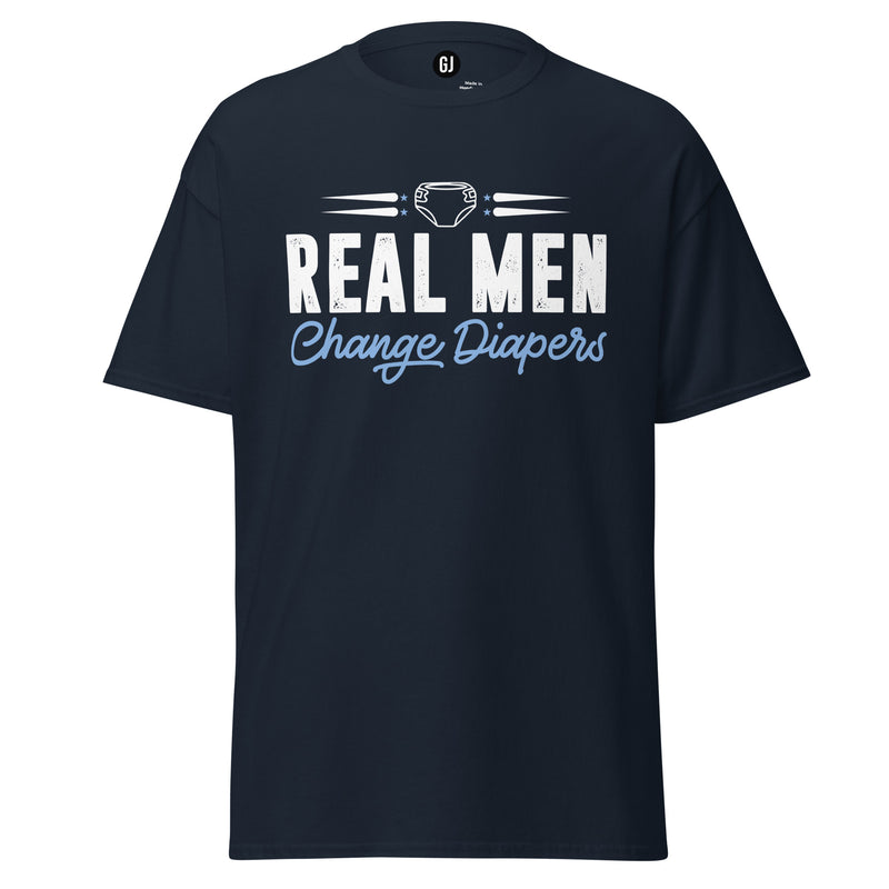 Navy unisex T-shirt with Real Men Change Diapers fatherhood graphic design