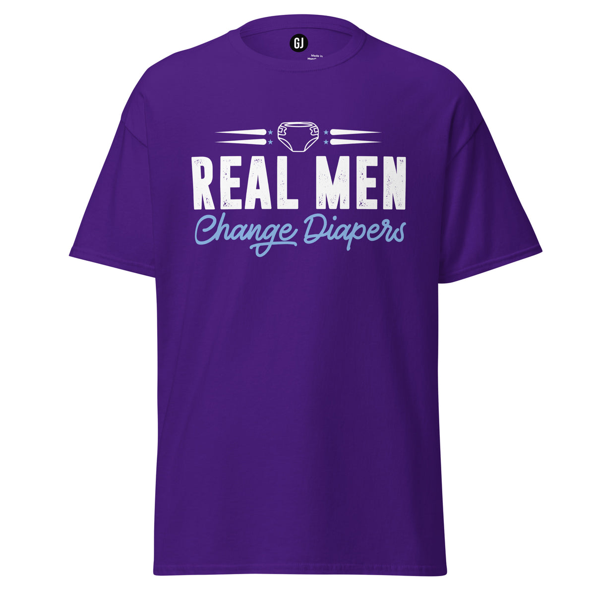 Purple unisex T-shirt with Real Men Change Diapers fatherhood graphic design