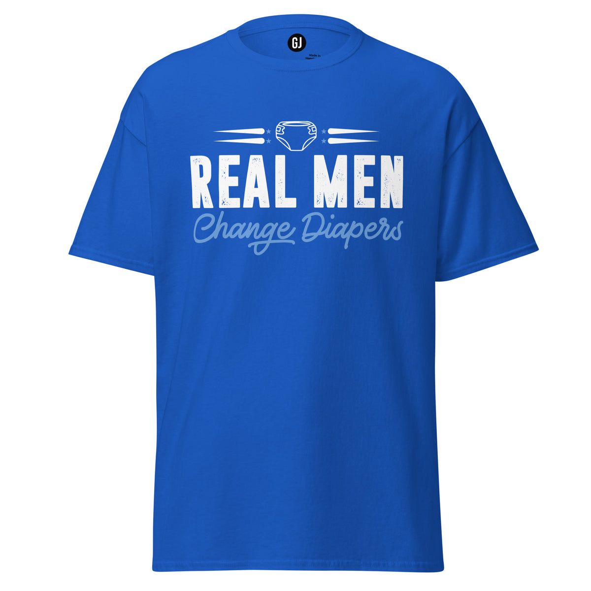 Royal Blue unisex T-shirt with Real Men Change Diapers fatherhood graphic design