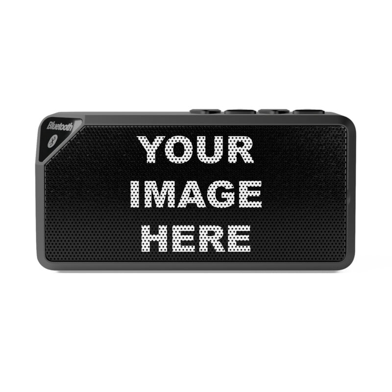 Rectangular personalized Bluetooth speaker with a customizable front grill for a photo, logo, artwork, or message