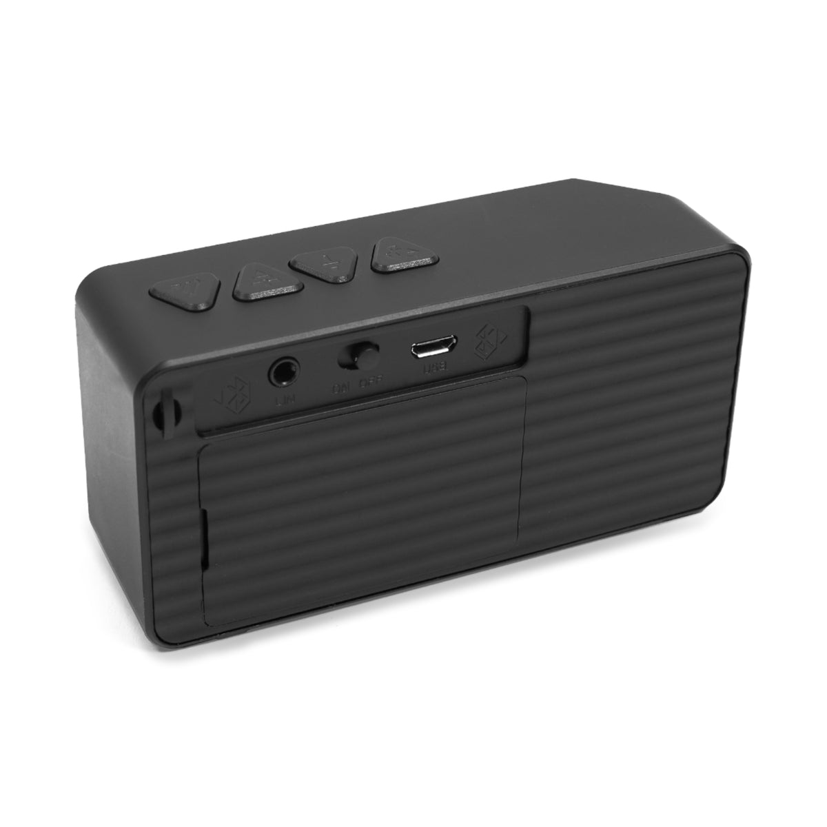 The back of a Rectangular personalized Bluetooth speaker with a customizable front grill for a photo, logo, artwork, or message