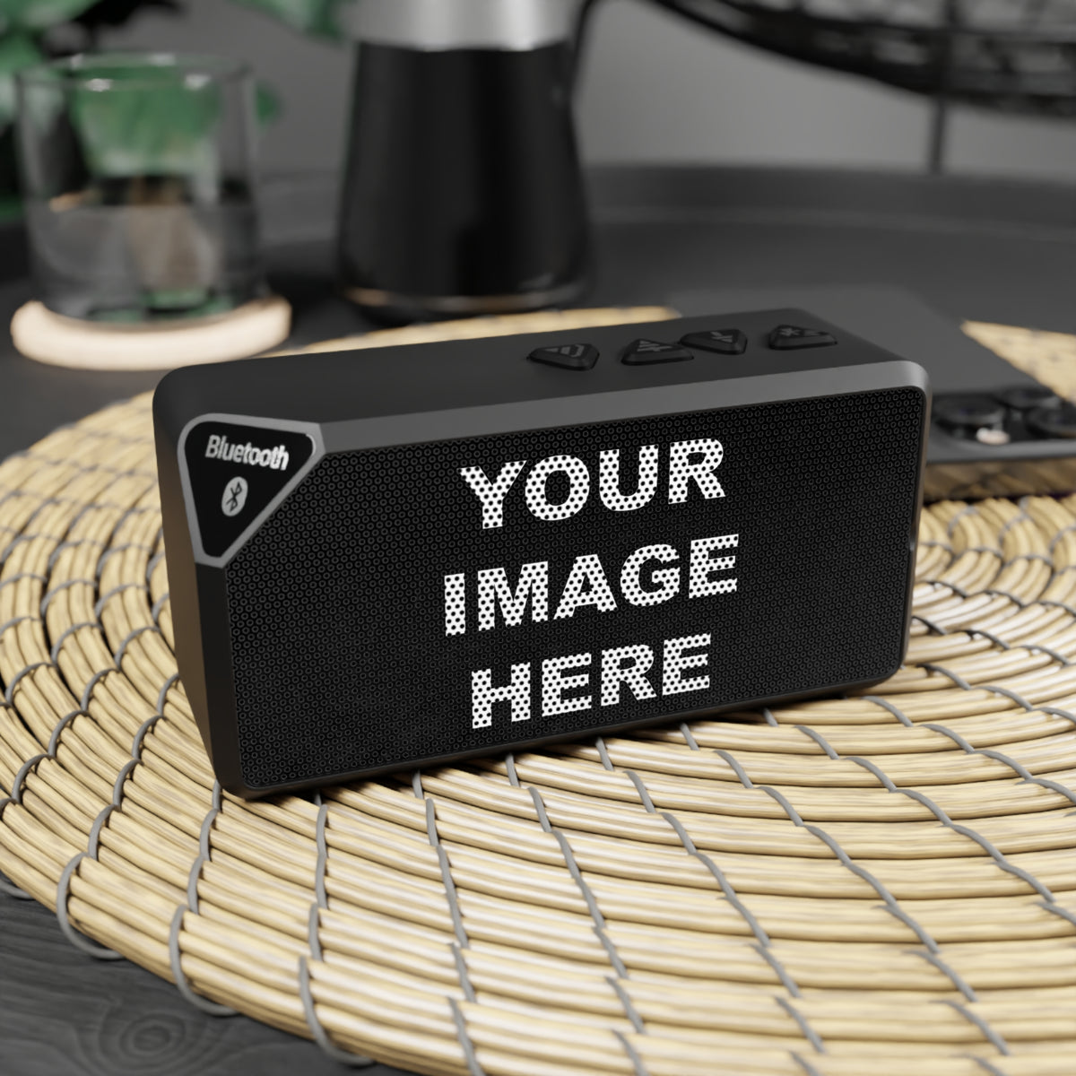 Rectangular personalized Bluetooth speaker with a customizable front grill for a photo, logo, artwork, or message