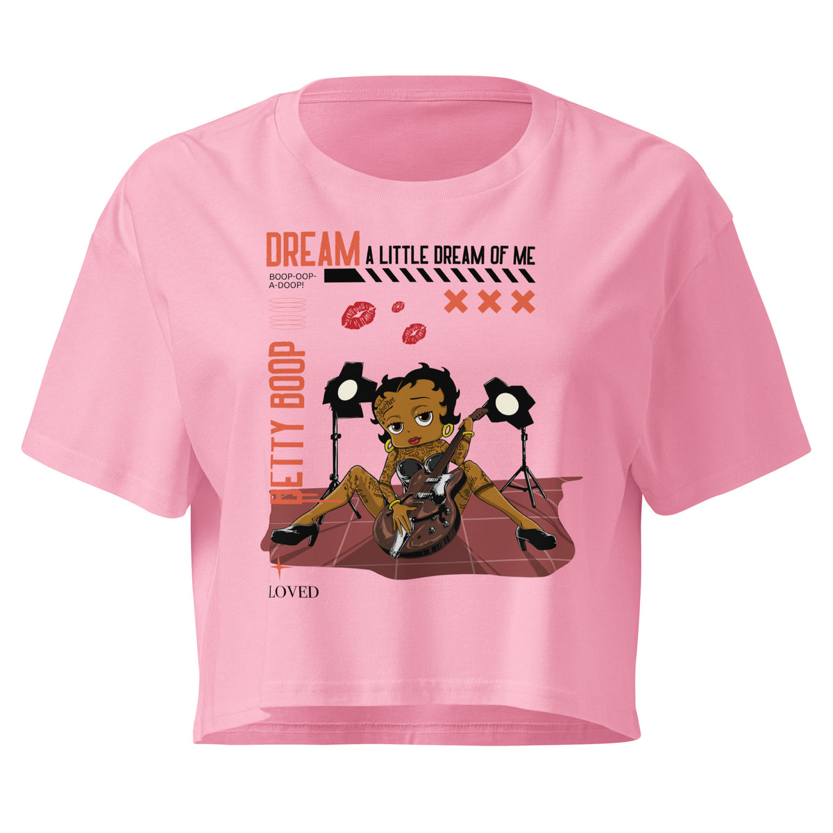 Bubble Gum women’s crop top with Rockstar Betty Boop graphic holding guitar under stage lights