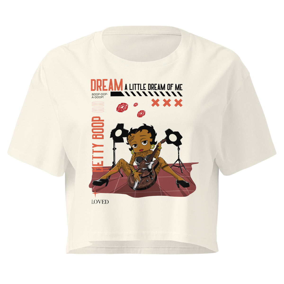 Natural women’s crop top with Rockstar Betty Boop graphic holding guitar under stage lights