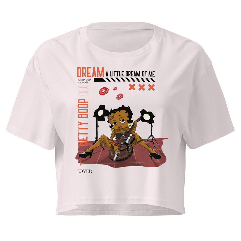Orchid women’s crop top with Rockstar Betty Boop graphic holding guitar under stage lights