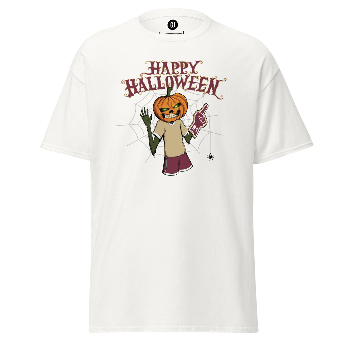 Seminole-inspired Halloween graphic T-shirt featuring a pumpkin-headed football fan with garnet and gold game-day accents