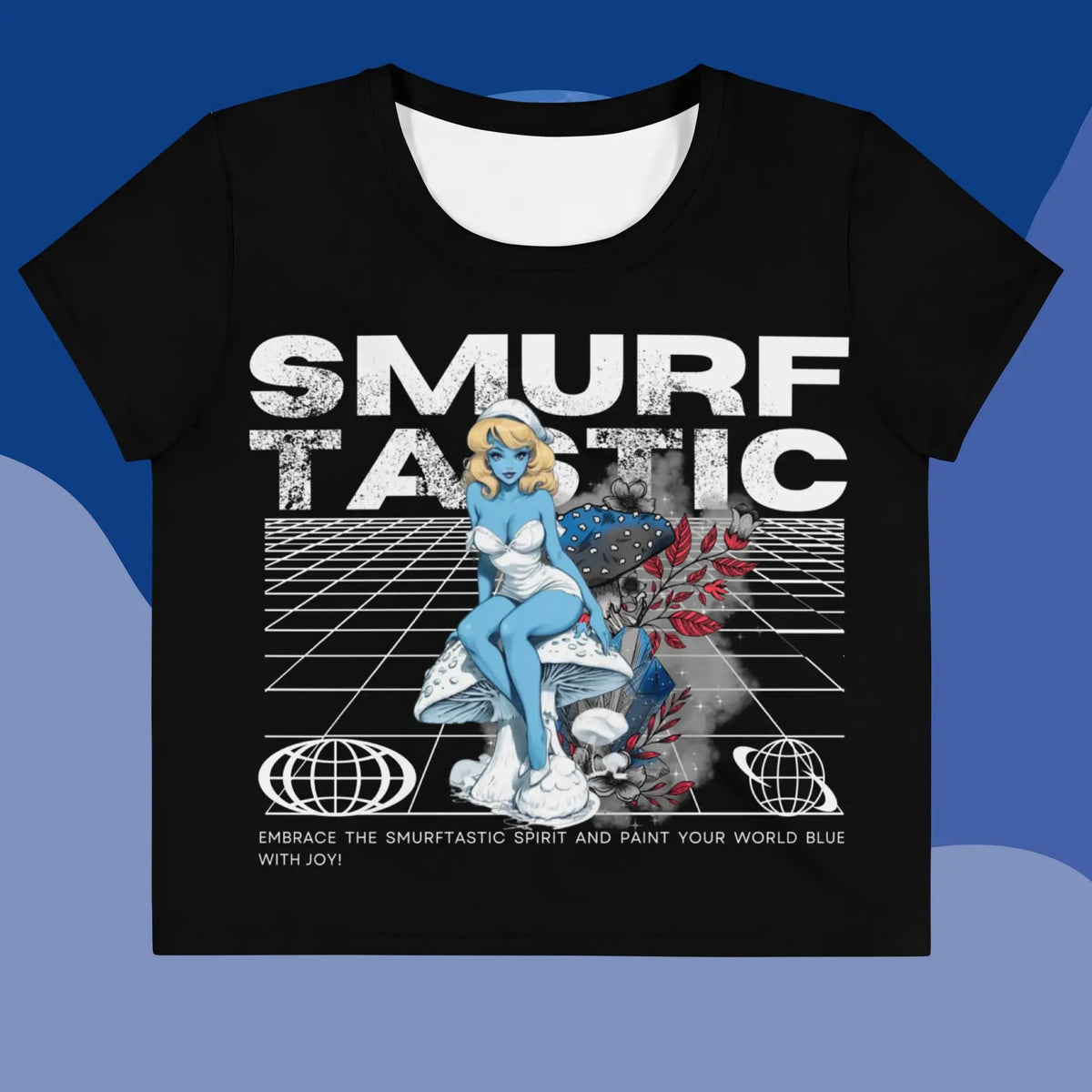 Black t-shirt with 'SMURF TASTIC' graphic design featuring a blue character on a blue background