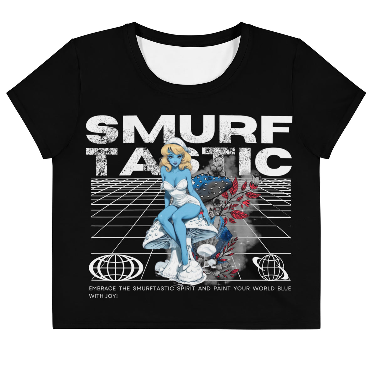 Black women’s crop tee with Smurf Tastic retro graphic featuring blue character and grid background