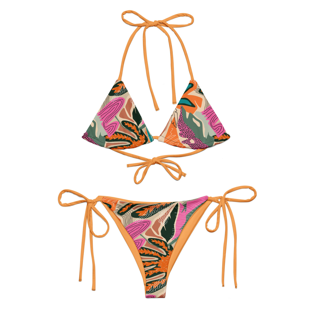 Tropical print two-piece string bikini with tangerine ties, triangle top, and tie-side bottoms