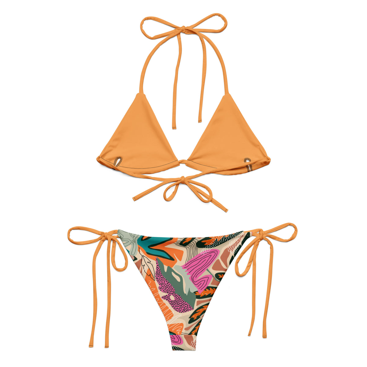 Tropical print two-piece string bikini with tangerine ties, triangle top, and tie-side bottoms