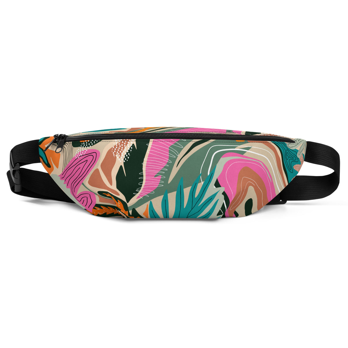 Tropical print fanny pack with tangerine, pink, teal, and green tones worn as a belt bag