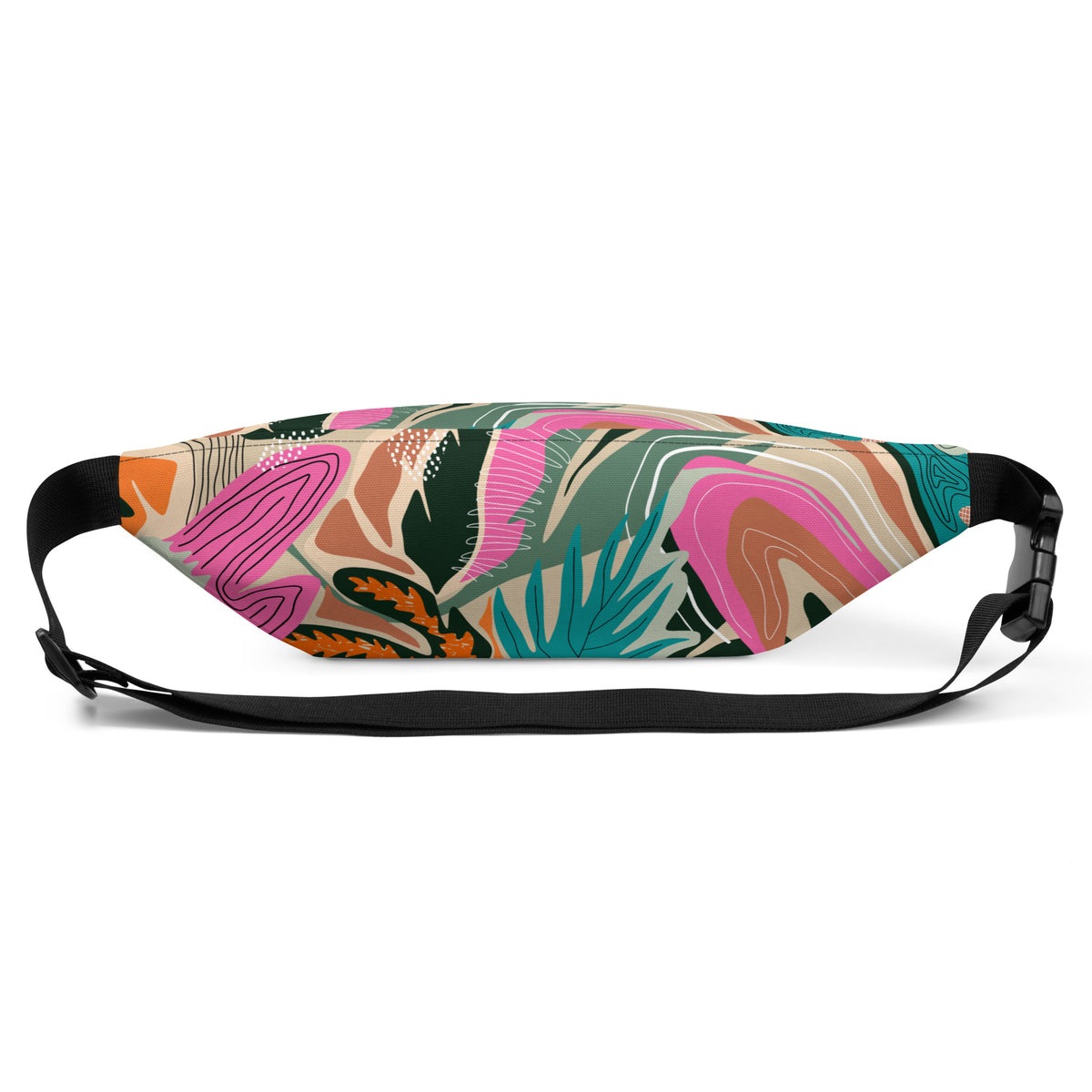 Tropical print fanny pack with tangerine, pink, teal, and green tones worn as a belt bag