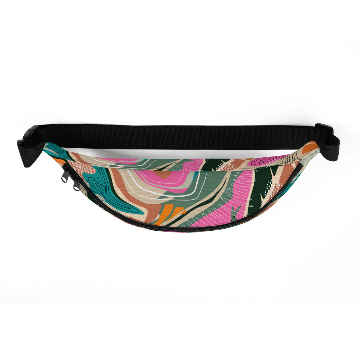 Tropical print fanny pack with tangerine, pink, teal, and green tones worn as a belt bag