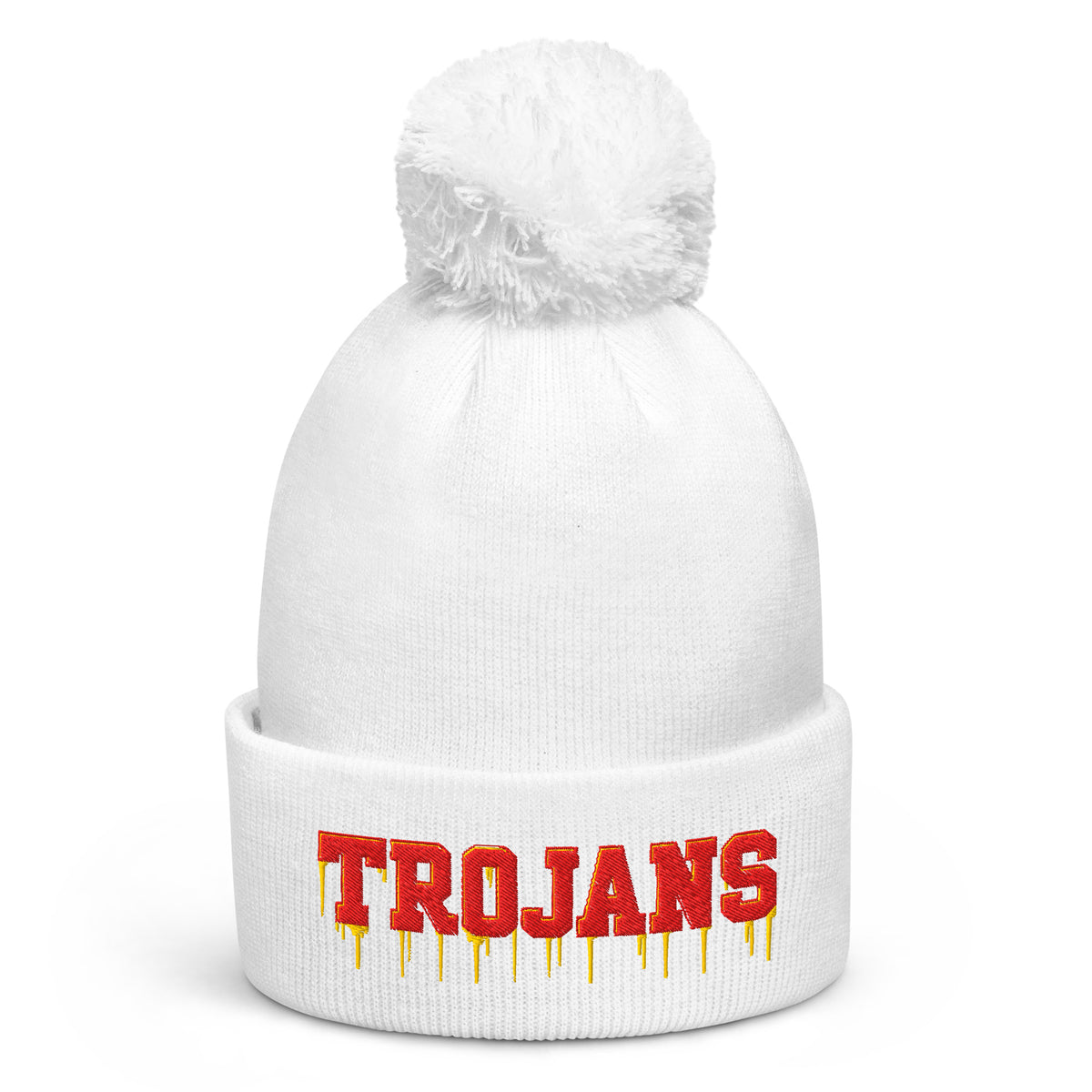 White pom pom beanie with bold embroidered Trojans lettering on the front cuff