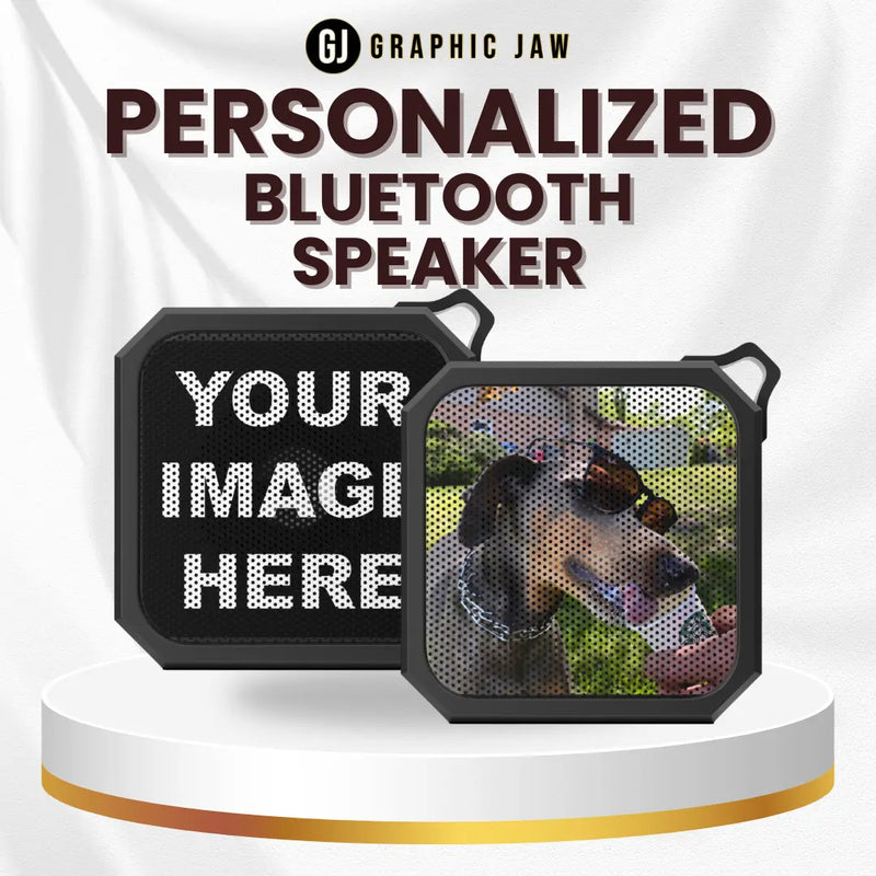 Personalized portable Bluetooth speaker with custom photo or artwork, built-in controls, carabiner clip, and water-resistant design