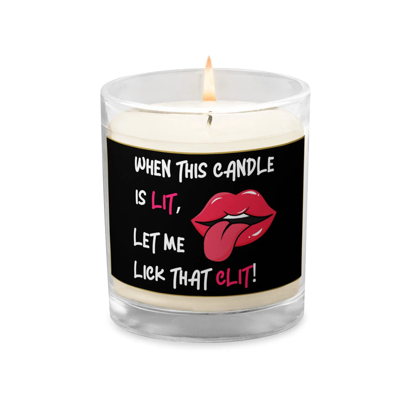 Adult candle with bold quote label and red lips graphic on black background