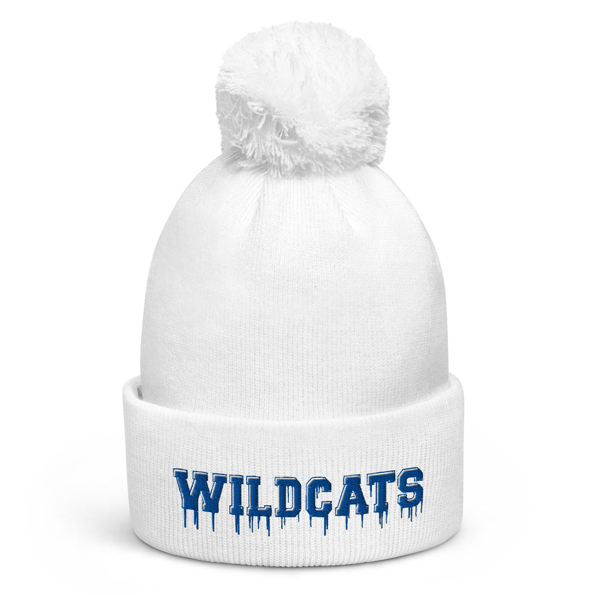 White pom pom beanie with bold blue embroidered Wildcats lettering on the front cuff