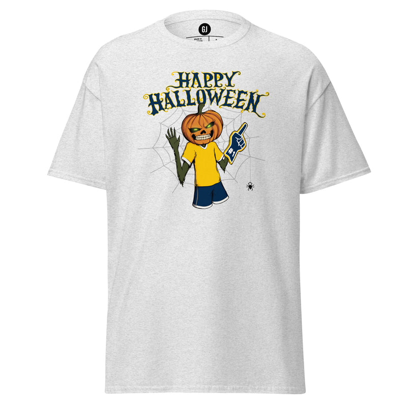 Ash Wolverine-inspired Halloween graphic T-shirt featuring a pumpkin-headed football fan in maize and blue game-day colors