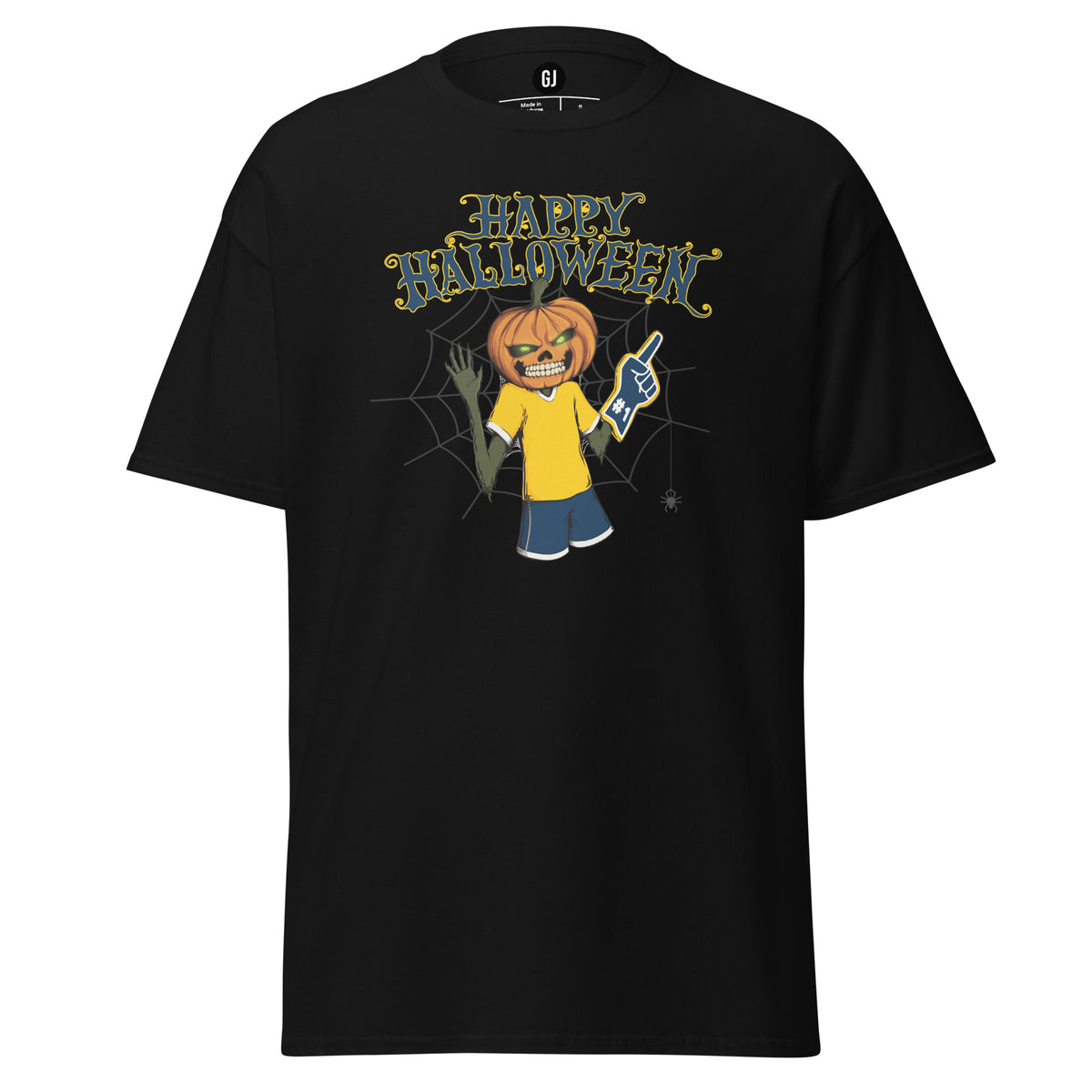 Black Wolverine-inspired Halloween graphic T-shirt featuring a pumpkin-headed football fan in maize and blue game-day colors