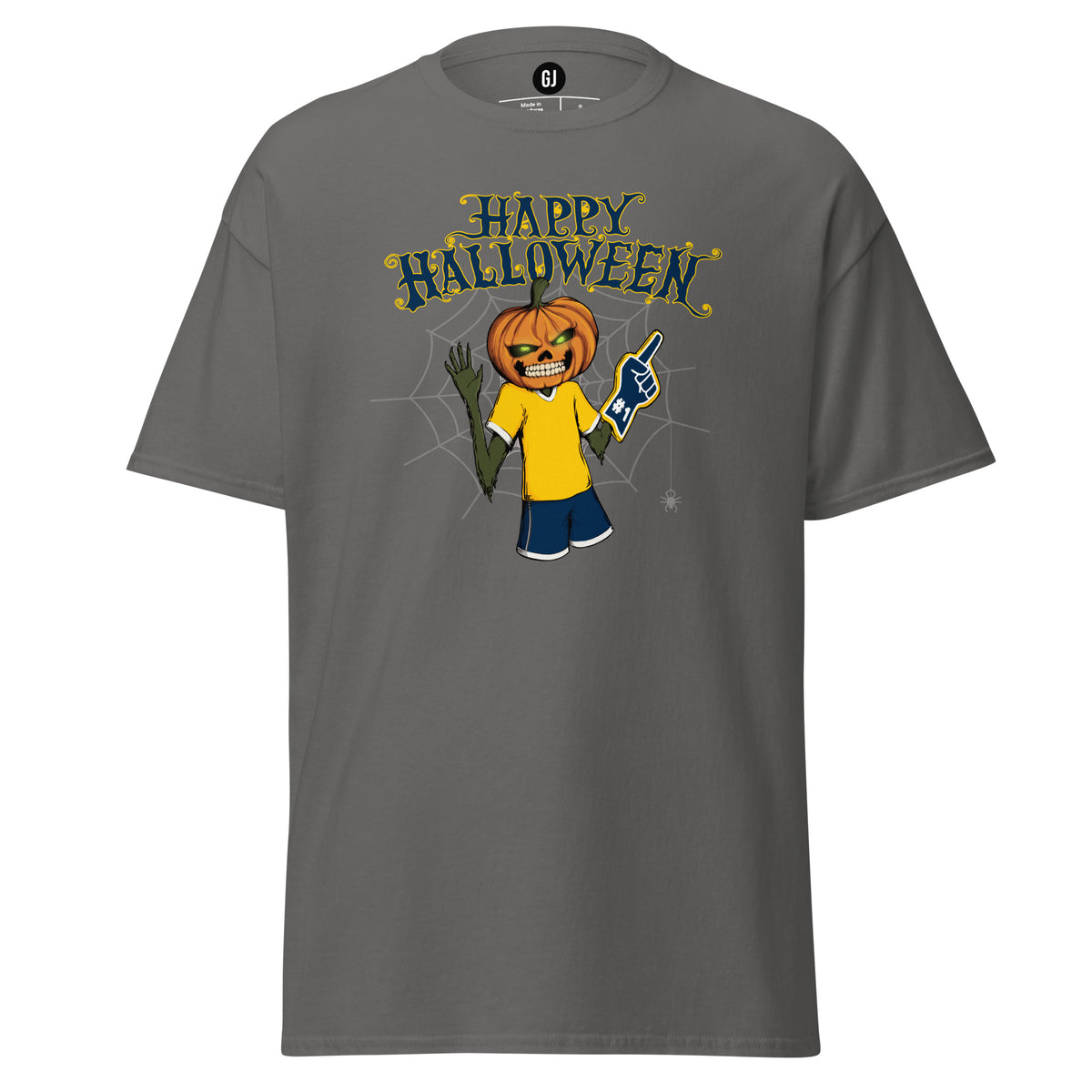 Wolverine-inspired Halloween graphic Charcoal T-shirt featuring a pumpkin-headed football fan in maize and blue game-day colors