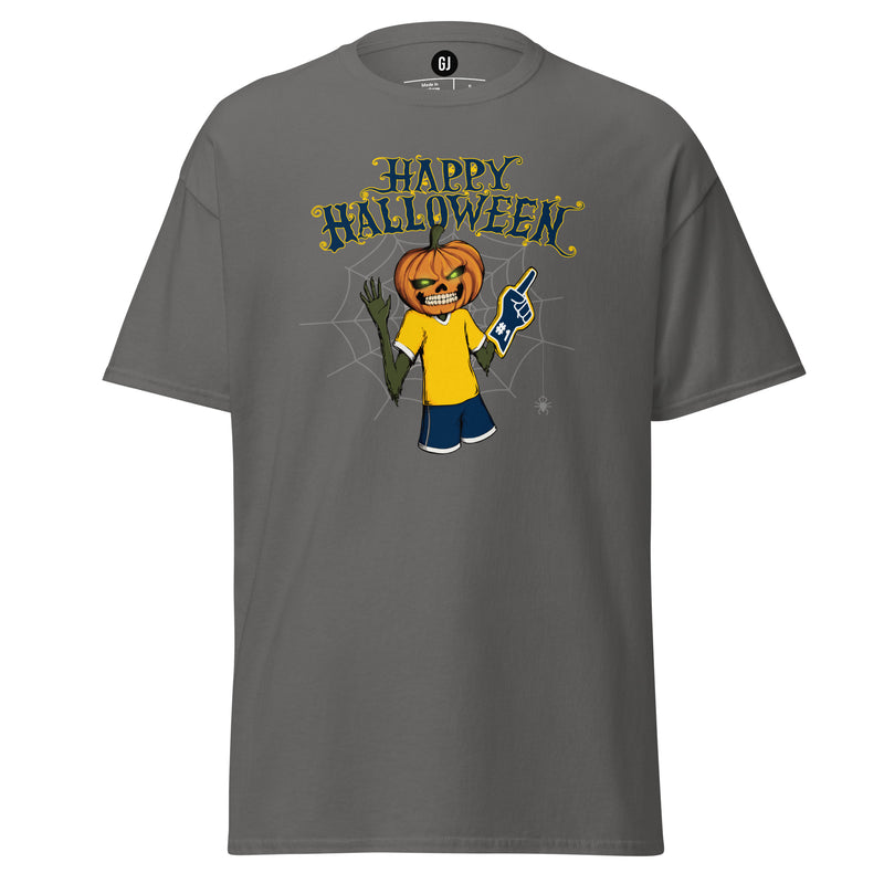 Wolverine-inspired Halloween graphic Charcoal T-shirt featuring a pumpkin-headed football fan in maize and blue game-day colors