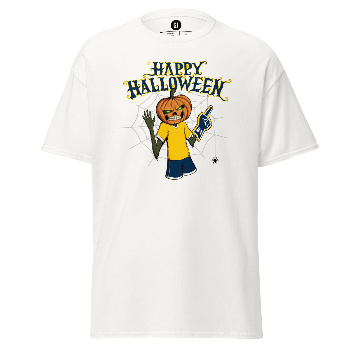 White Wolverine-inspired Halloween graphic T-shirt featuring a pumpkin-headed football fan in maize and blue game-day colors