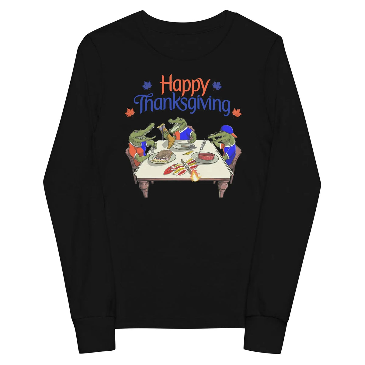 Youth long sleeve black Thanksgiving shirt featuring Gator-themed rivalry design with festive fall elements and Thanksgiving table art