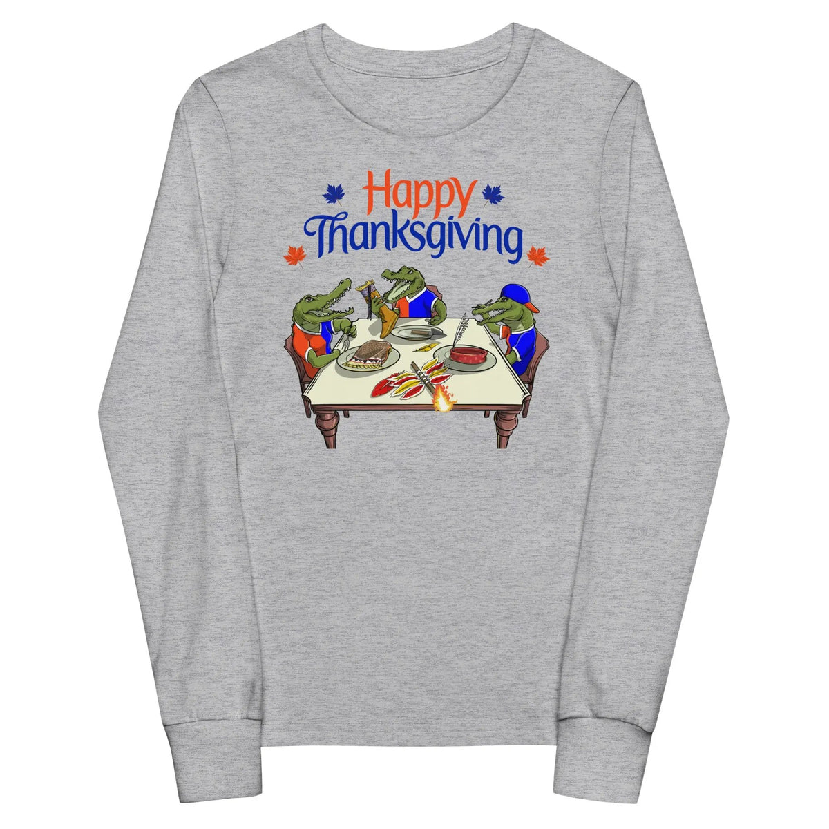 Youth long sleeve grey Thanksgiving shirt featuring Gator-themed rivalry design with festive fall elements and Thanksgiving table art