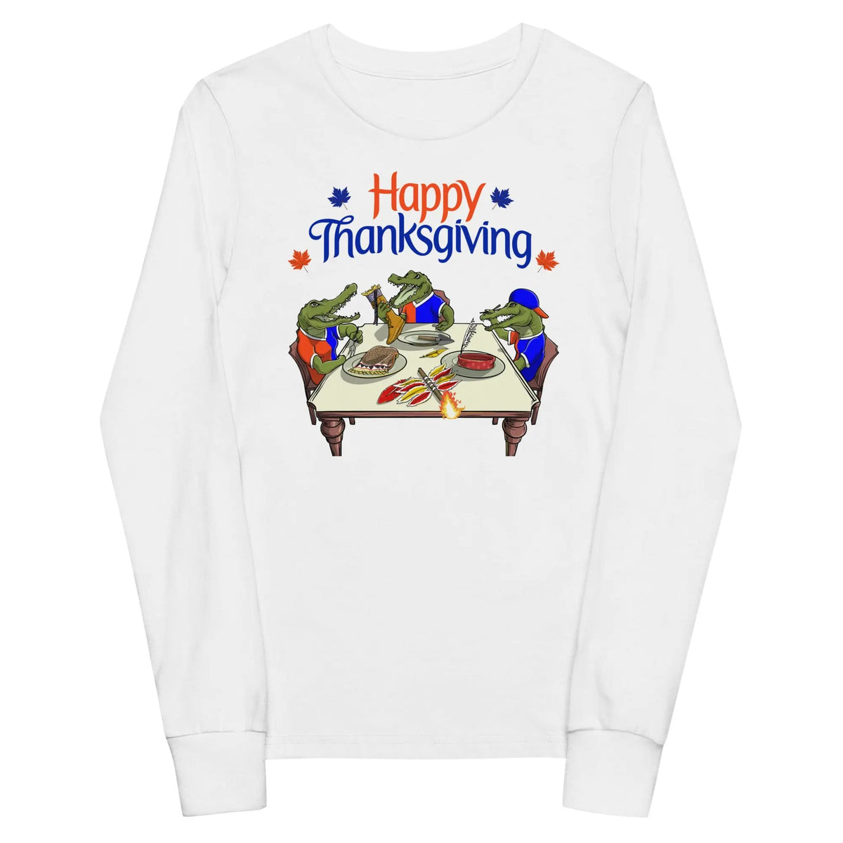 Youth long sleeve white Thanksgiving shirt featuring Gator-themed rivalry design with festive fall elements and Thanksgiving table art