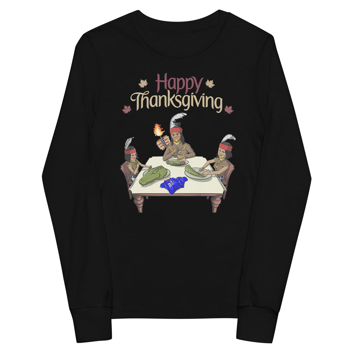 Youth long sleeve black Thanksgiving shirt with Seminole-themed design showing characters at a dinner table with a rivalry twist