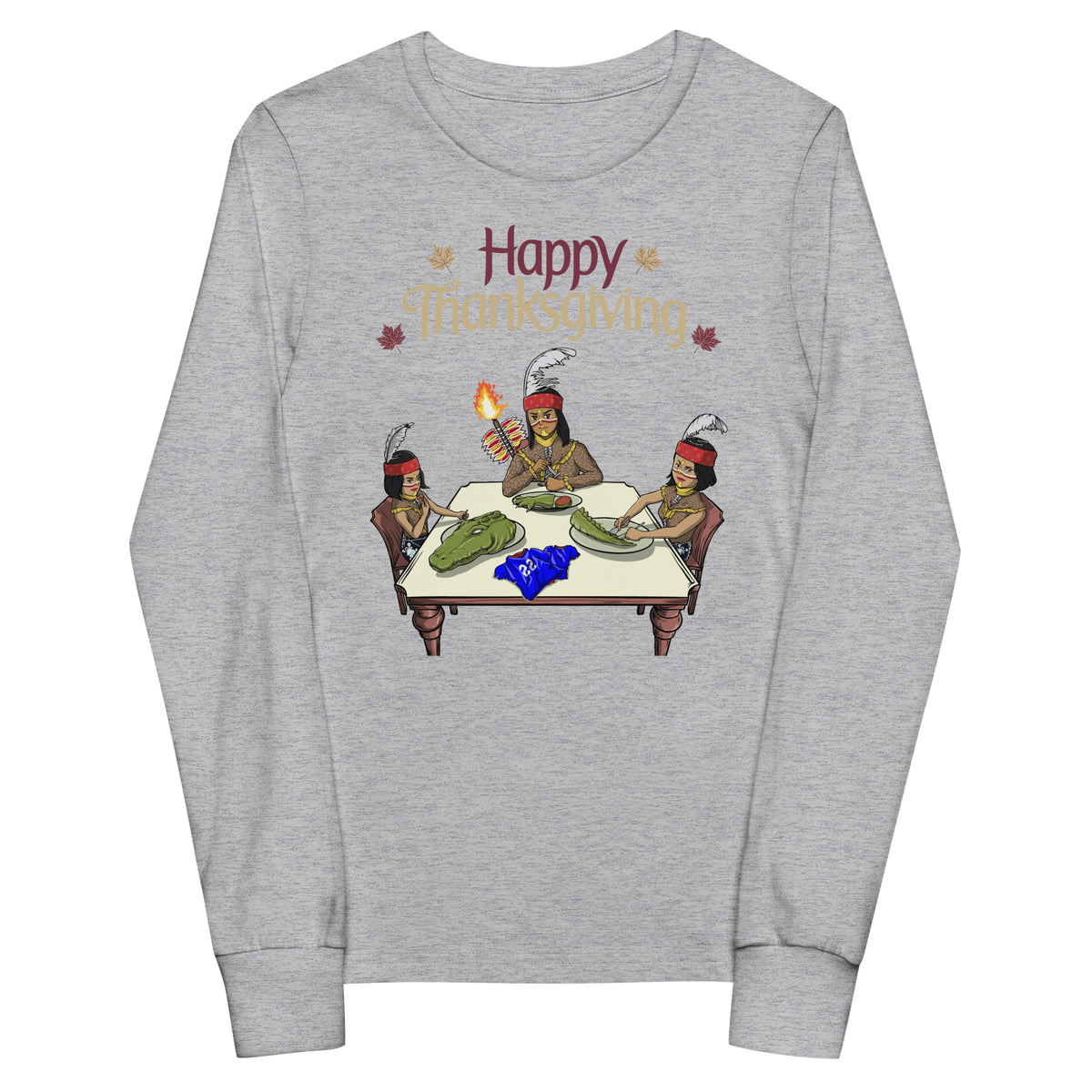 Youth long sleeve grey Thanksgiving shirt with Seminole-themed design showing characters at a dinner table with a rivalry twist