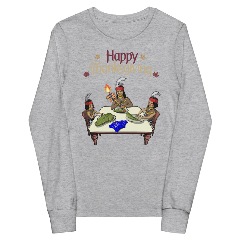 Youth long sleeve grey Thanksgiving shirt with Seminole-themed design showing characters at a dinner table with a rivalry twist