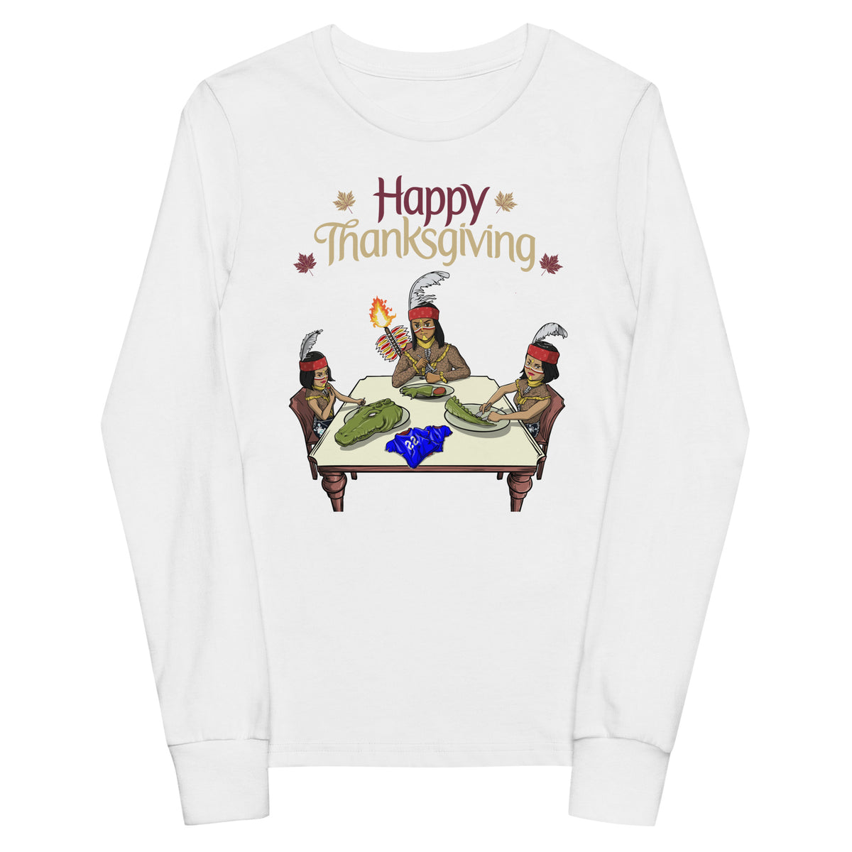 Youth long sleeve white Thanksgiving shirt with Seminole-themed design showing characters at a dinner table with a rivalry twist