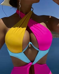 Colorblock Cutout Backless Halter One-Piece Swimsuit