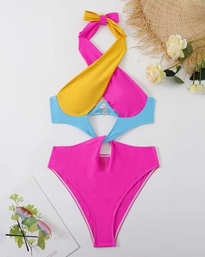 Colorblock Cutout Backless Halter One-Piece Swimsuit