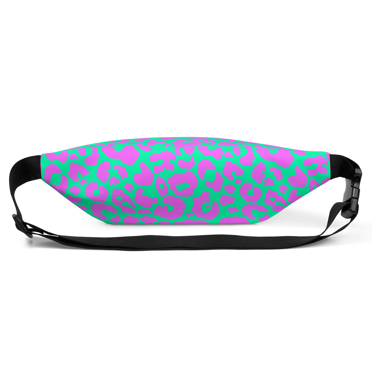 Pink and aqua cheetah print fanny pack worn as a belt bag