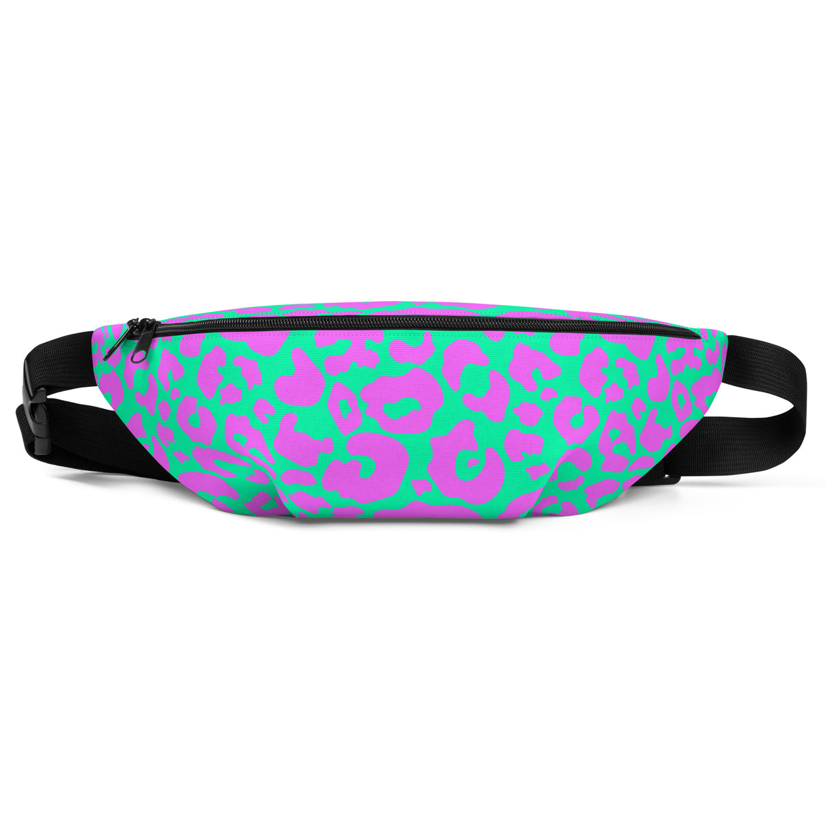 Pink and aqua cheetah print fanny pack worn as a belt bag