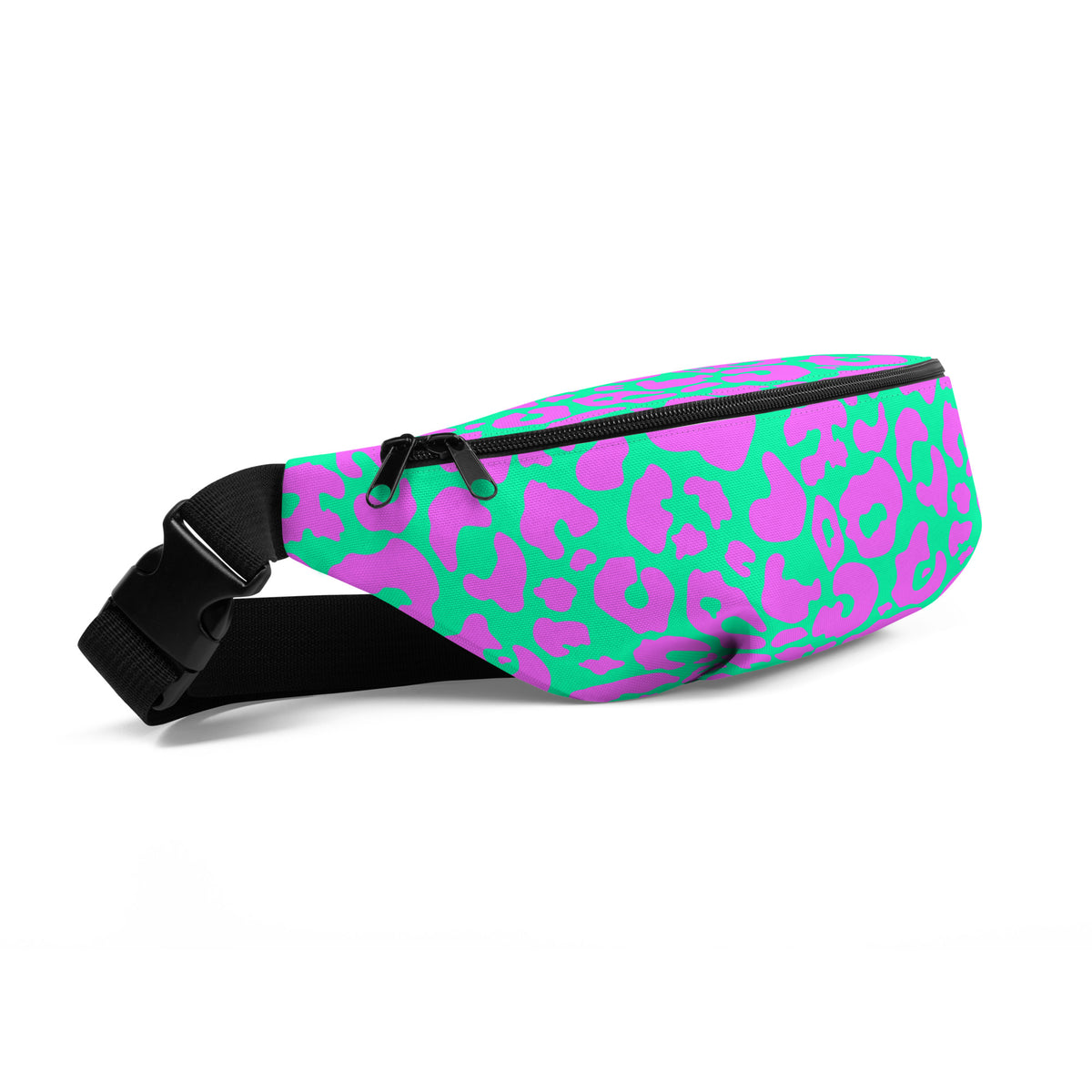 Pink and aqua cheetah print fanny pack worn as a belt bag