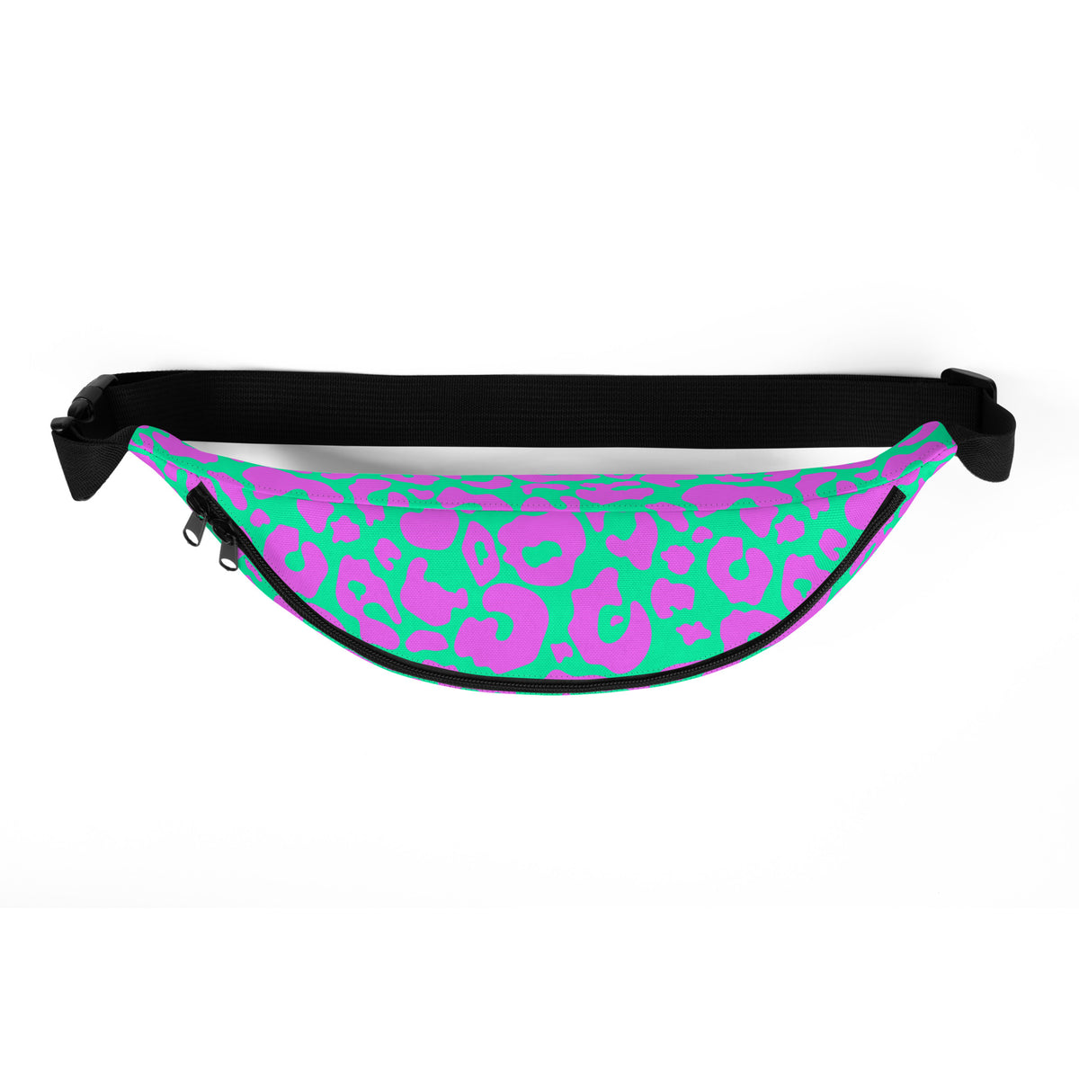 Pink and aqua cheetah print fanny pack worn as a belt bag