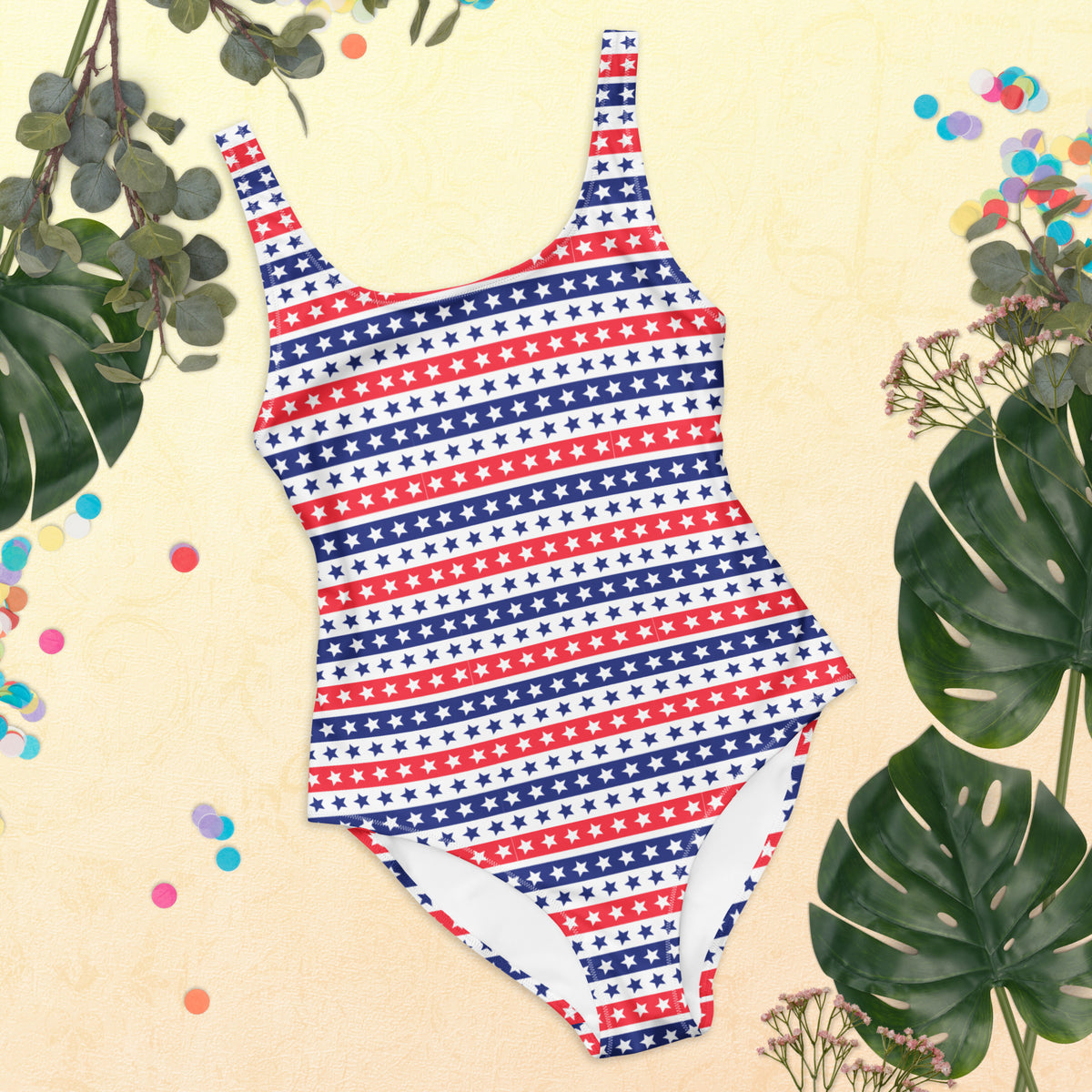 Patriotic one-piece swimsuit with red white and blue star and stripe print