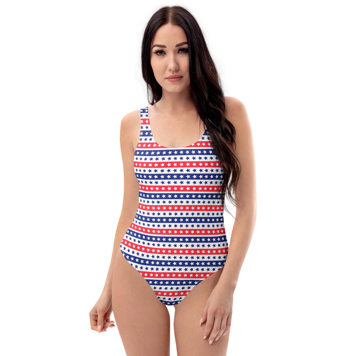 Model wearing a Patriotic one-piece swimsuit with red white and blue star and stripe print