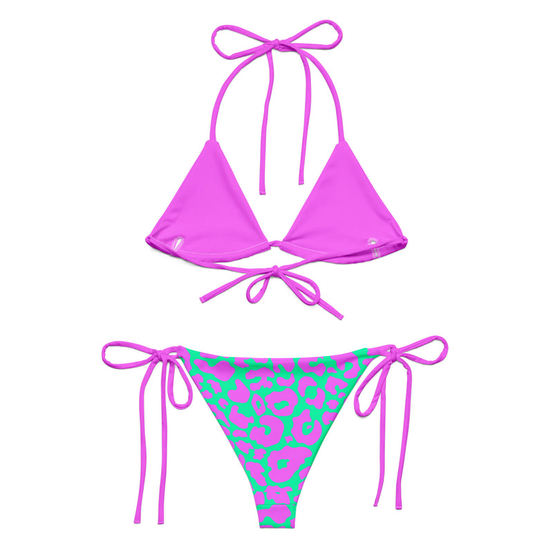Back image of a Pink and aqua cheetah print two-piece string bikini with triangle top and tie-side bottoms