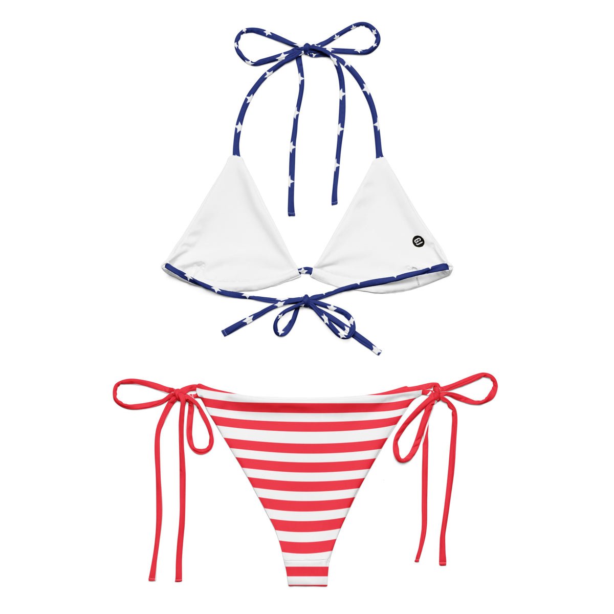 Back of the Patriotic two-piece string bikini with blue star triangle top and red-and-white striped tie-side bottoms
