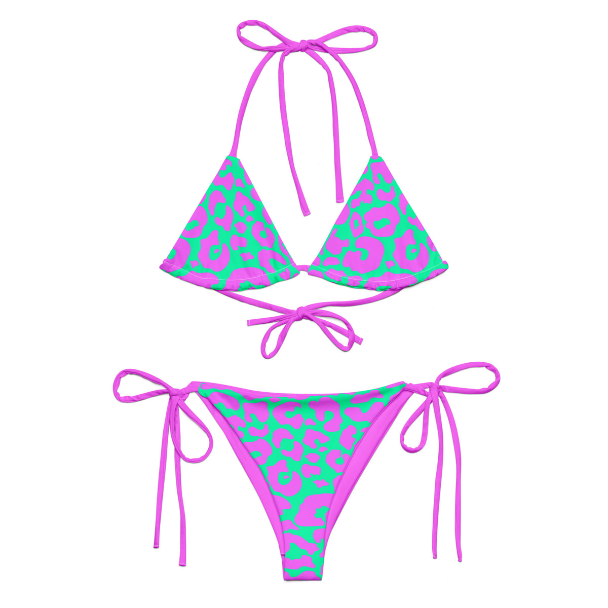 Pink and aqua cheetah print two-piece string bikini with triangle top and tie-side bottoms