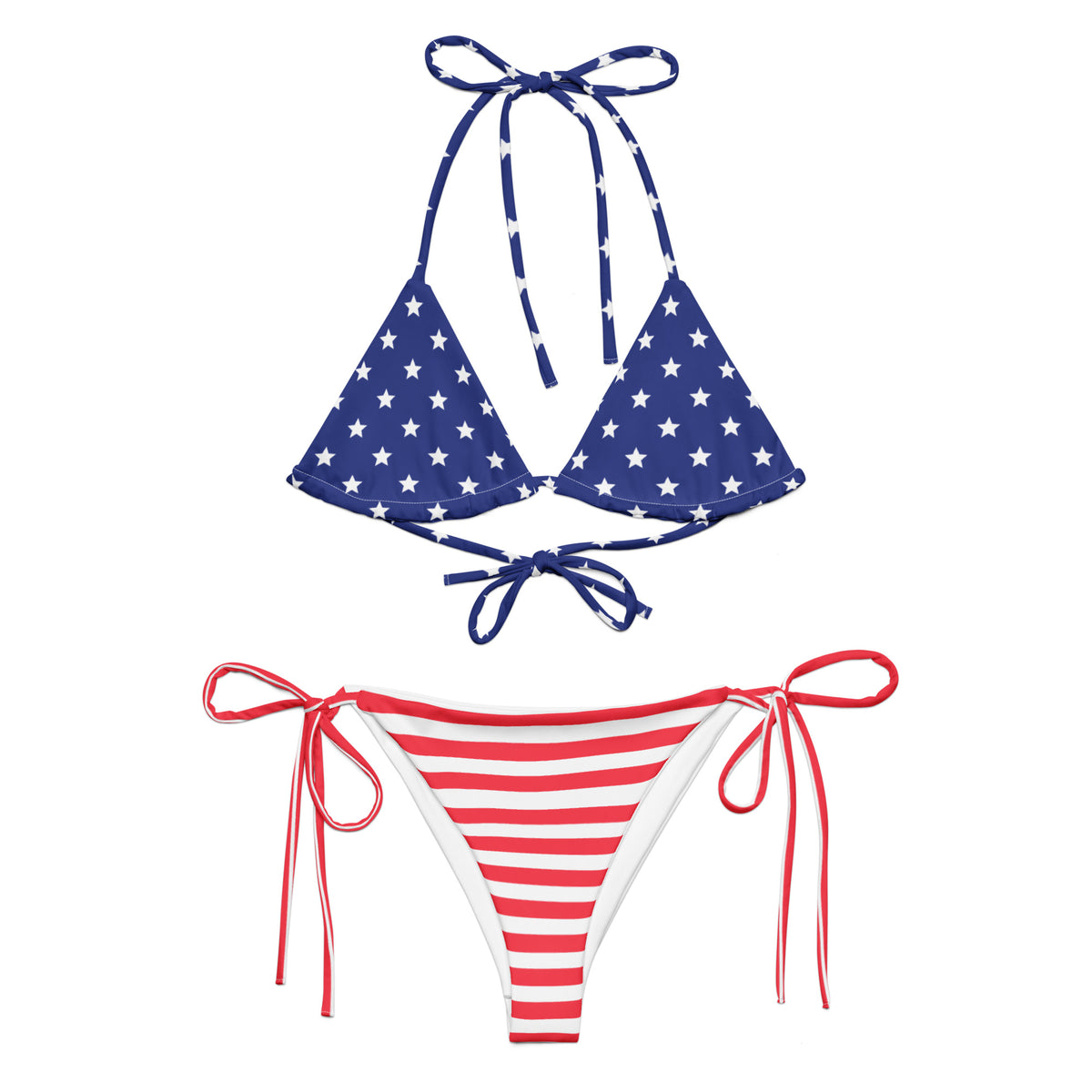 Patriotic two-piece string bikini with blue star triangle top and red-and-white striped tie-side bottoms