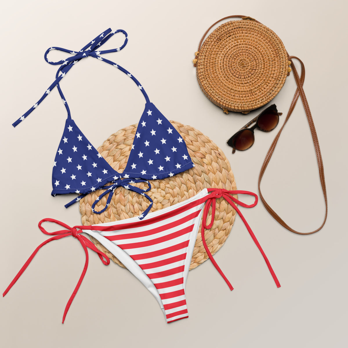 Lifestyle mockup of a Patriotic two-piece string bikini with blue star triangle top and red-and-white striped tie-side bottoms